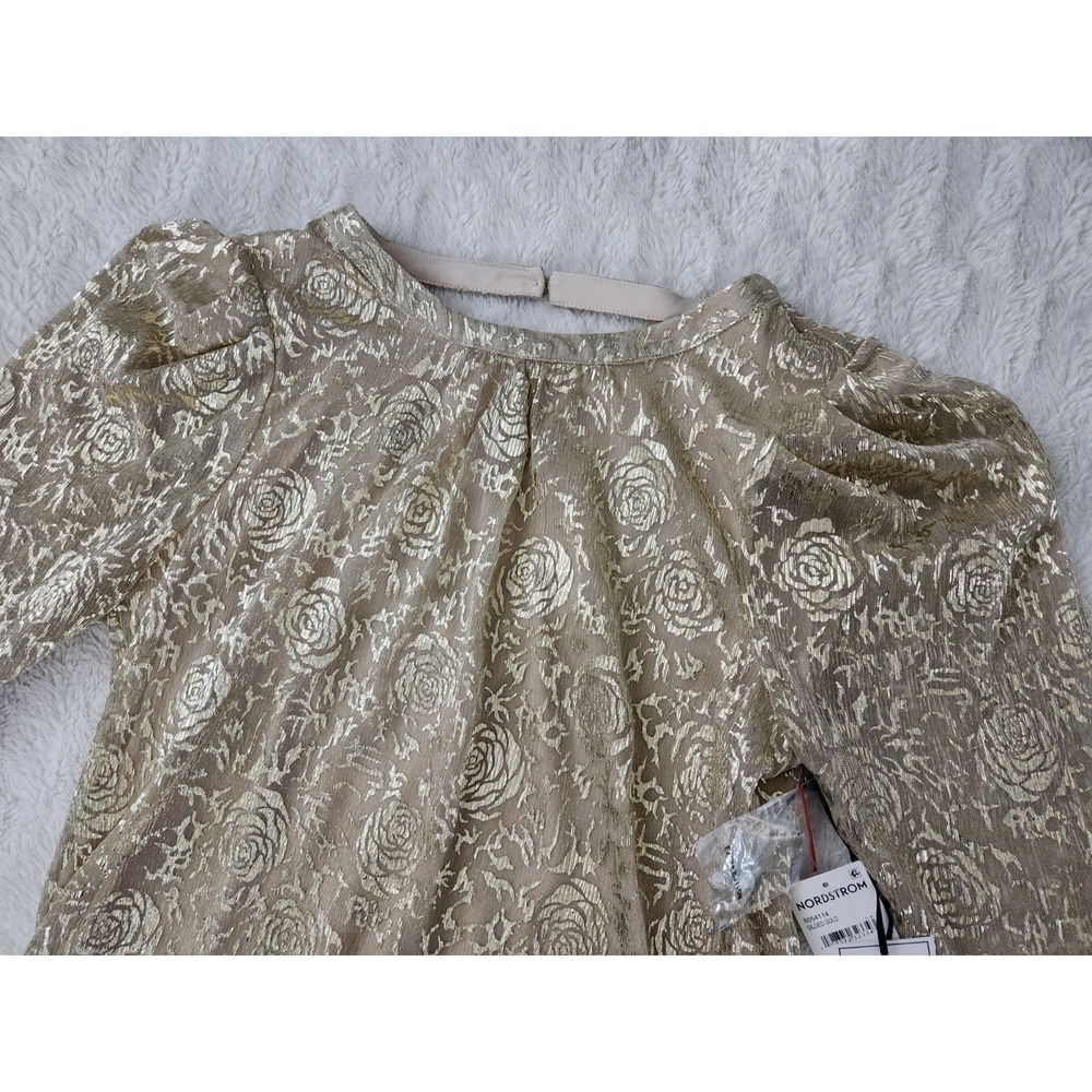 1.STATE Metallic Gold Rose Lace Blouse L‎ NWT Nordstrom Puff Sleeve Holiday Top